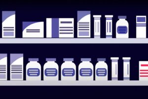 Illustration of pharmacy shelf with prescription bottles