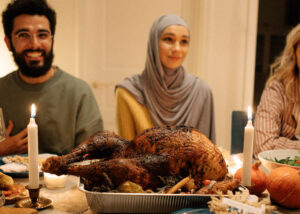 Family celebrating Thanksgiving, sober