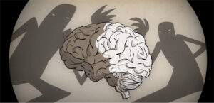 Illustration of the demons of addiction hijacking the brain