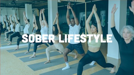 Yoga class overlaid with the words Sober Lifestyle