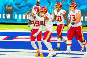 NFL players celebrate after a touchdown